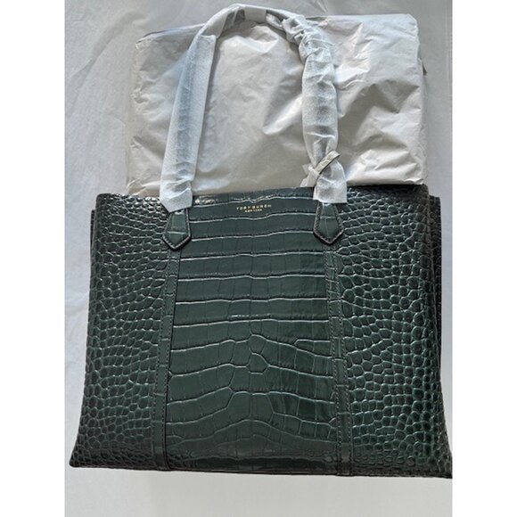 Tory Burch Perry Deep Kelp Leather Tote Triple Compartment Bag Handbag Green NEW - Picture 7 of 9